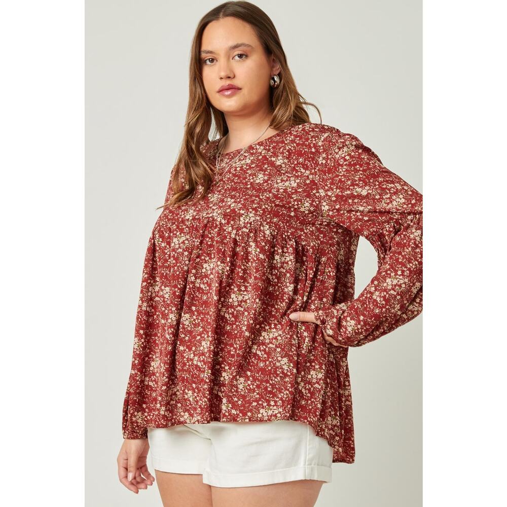Kristie Plus Burgundy Floral Puff Sleeve Babydoll Top 1XL
